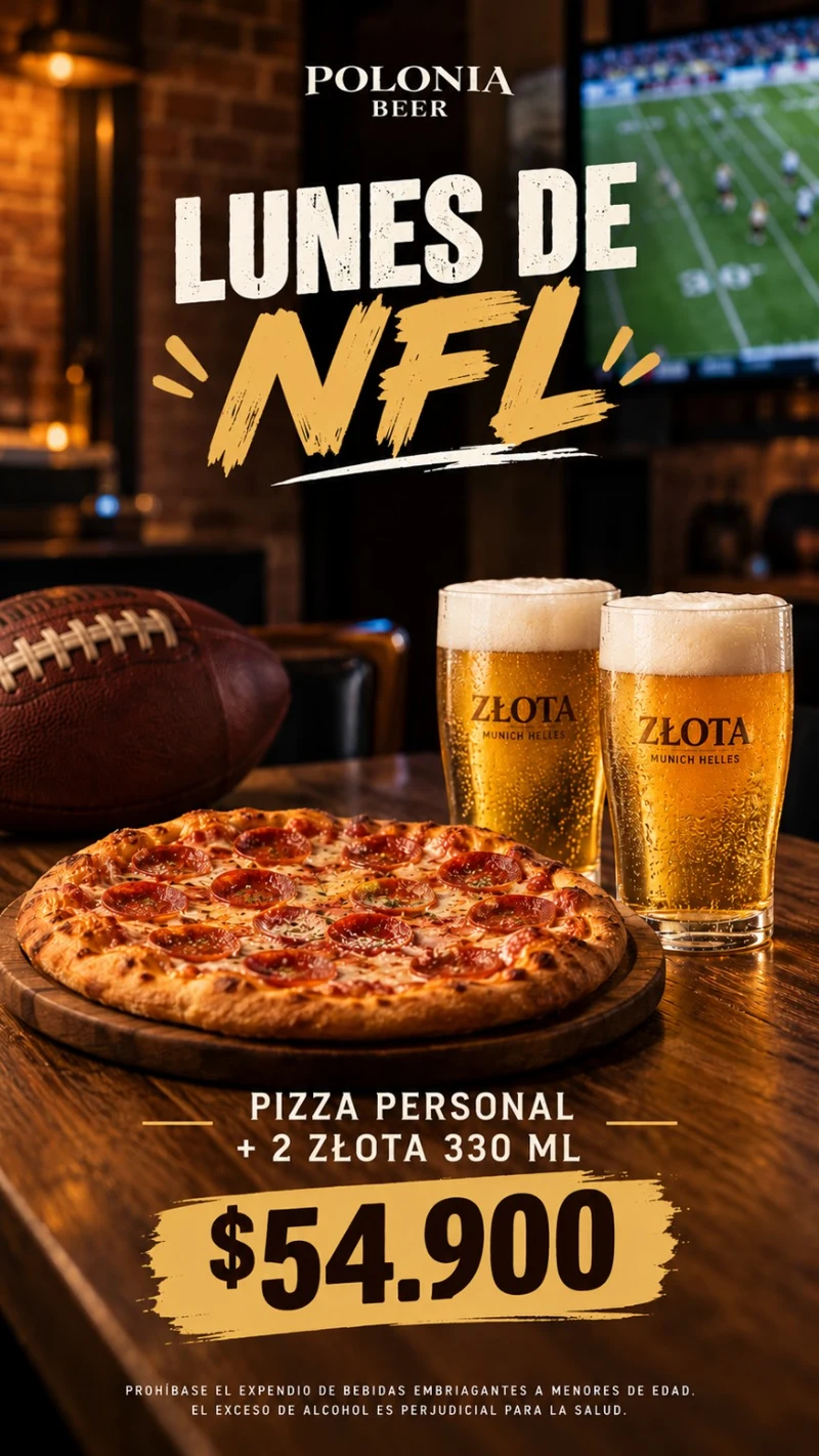 Lunes de NFL: pizza personal + 2 ZLOTA 330 ml, $54.900 COP